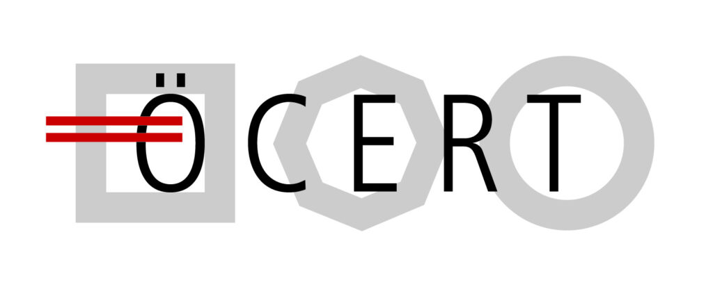 Brand logo reading OCERT with geometric shapes integrated into the letters and red bars crossing the O in a gray square layout, left-aligned.